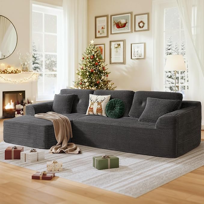 VASAGLE 108.3 Inches Boneless Couch with Chaise, Modular Sectional Sofa, Modern Cloud Couch with Deep Seat, L-Shape Corduroy Sofa for Living Room, Left-Facing Chaise, Bedroom, Slate Gray ULCS181GN01