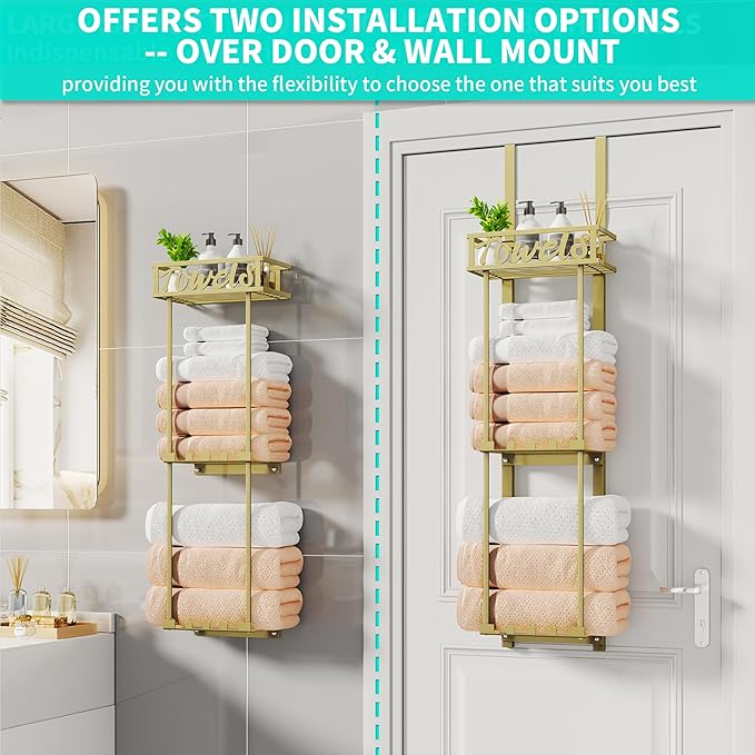 HapiRm Towel Rack Bathroom Storage - 3 Tier Over The Door & Wall Mounted Rolled Towel Racks Holder Organizer with Metal Shelf and 6 Hooks for Small Bathroom, Camper, Rv - Black