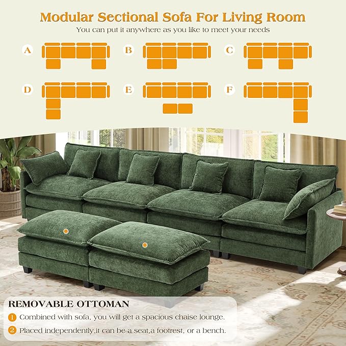149.2" Modular Sectional Sofa,U Shaped Couch for Living Room,Modern Deep Seat Sofa 3 Seater Chenille Fabric Comfy Cloud Couches with Throw Pillows & Movable Ottoman