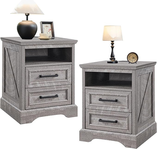 ACCOHOHO 18" Farmhouse Nightstand Set of 2 with Charging Station,End Table with 2 Drawers Storage,Side Table,Bedside Cabinet for Bedroom,Living Room, Grey