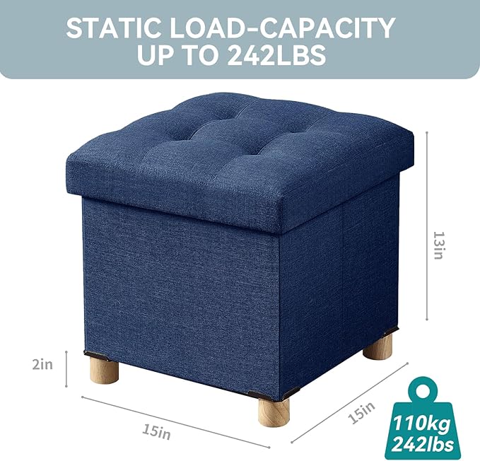 BRIAN & DANY Ottoman with Storage, Small Storage Ottoman for Dorm, Linen Folding Ottoman Foot Stool with Legs for Living Room and Bedroom, 14.8"x14.8"x16.1" - Blue