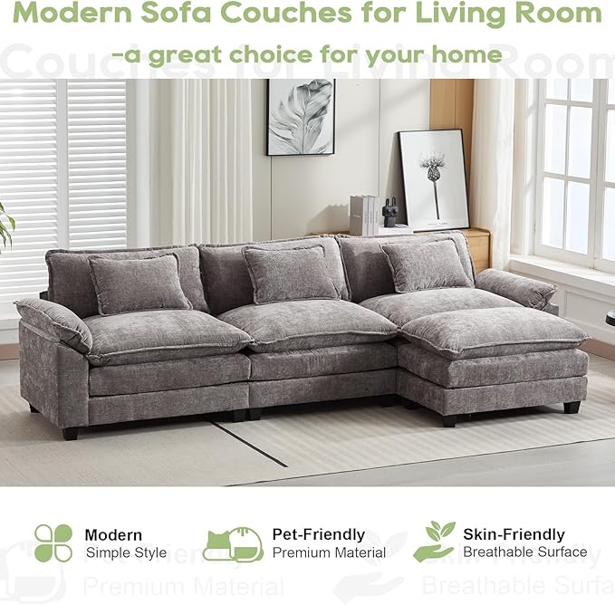 120" Modular Sectional Sofa, Comfy Cloud Couch Sectional Sofa with Ottoman, Chenille Sofa Sleeper Deep Seat Sofa with Throw Pillows for Living Room (Light Gray, 120"- L Shape)