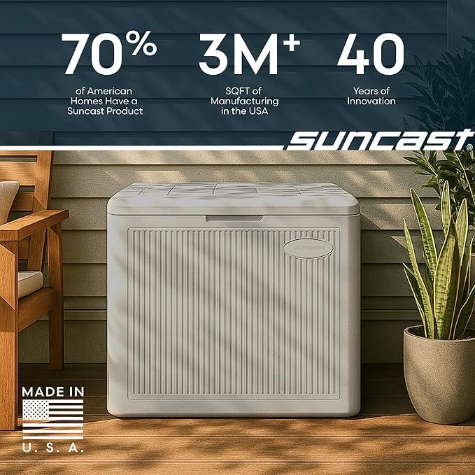 Suncast 22-Gal. Waterproof Resin Small Outdoor Patio Deck Box with Reeded Design, Modern Outdoor Patio Bench/Storage Box for Cushions, Garden Tools, and More, French Gray