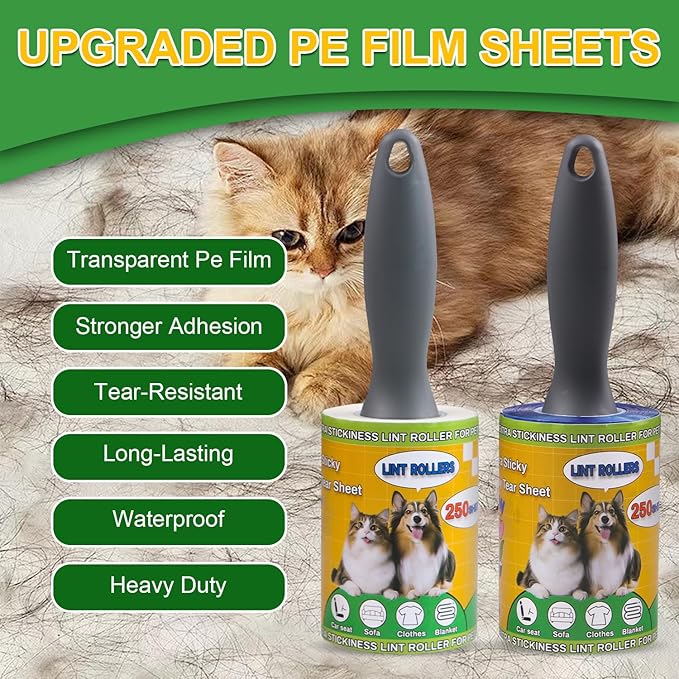 Lint Roller Pet Hair Value Pack of 250 Sheets, Extra Sticky Lint Remover for Dog & Cat Fur, Clothes, Furniture, Couches Reusable Lint Remover for Fuzz, Fluff & Hair(White)