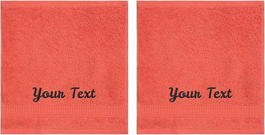 Personalized Towels, Luxury Turkish Genuine Cotton Monogrammed Towel Washcloths for Bathroom, Kitchen, Hotel, Spa, Gym & College Dorm, 2 Pack Washcloth Set for Body & Face, Baby and Adults, Coral