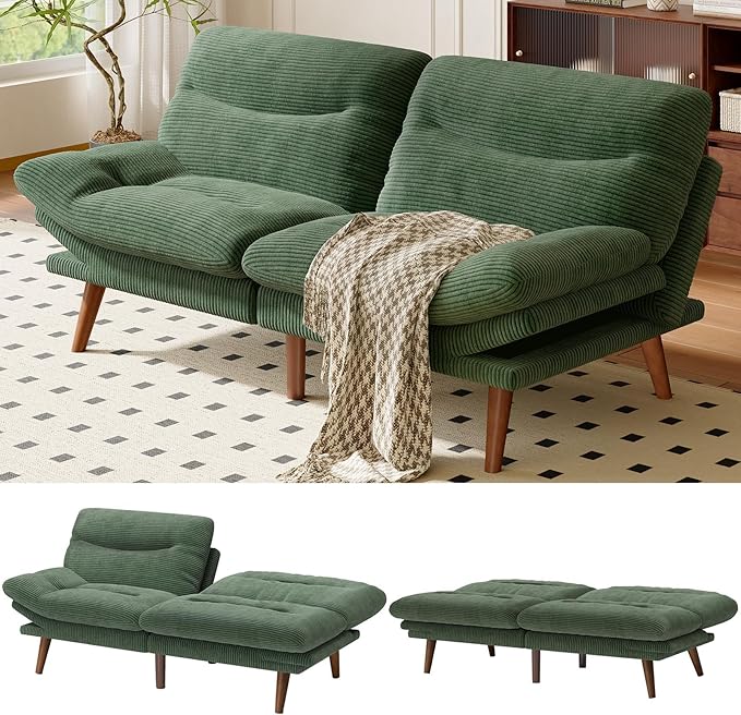 AMADA 66"Convertible Futon Sofa Bed, Corduroy Folding Futon Set with Adjustable Backrest &Armrests, Recliner Lounge for Living Room, Apartment or Office, Solid Wood Frame, Loveseat Sofa -Forest Green
