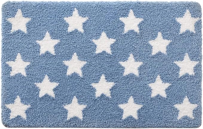 DEXI Star Bathroom Rug, 20x32 Non Slip Washable Bath Mat Absorbent, Ultra Soft Plush Microfiber Bathmat Quick Dry for Shower Floor, Tub, Sink, Light Blue