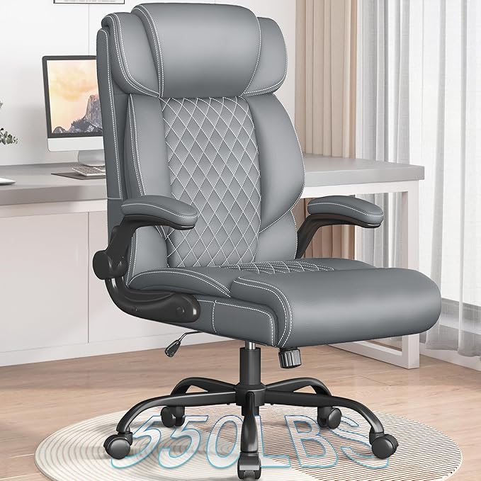 Office Chair, Ergonomic Big and Tall Executive Desk Chair, Breathable Leather Chair with Adjustable Flip-up Armrests, Lumbar Support Swivel Computer Chair with Rocking Function (Gray)