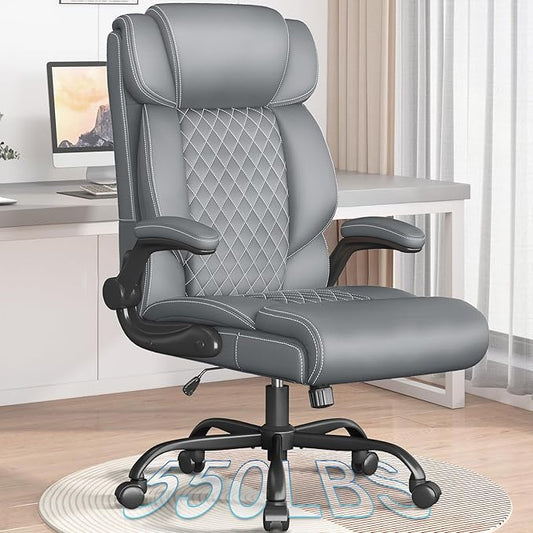Office Chair, Ergonomic Big and Tall Executive Desk Chair, Breathable Leather Chair with Adjustable Flip-up Armrests, Lumbar Support Swivel Computer Chair with Rocking Function (Gray)
