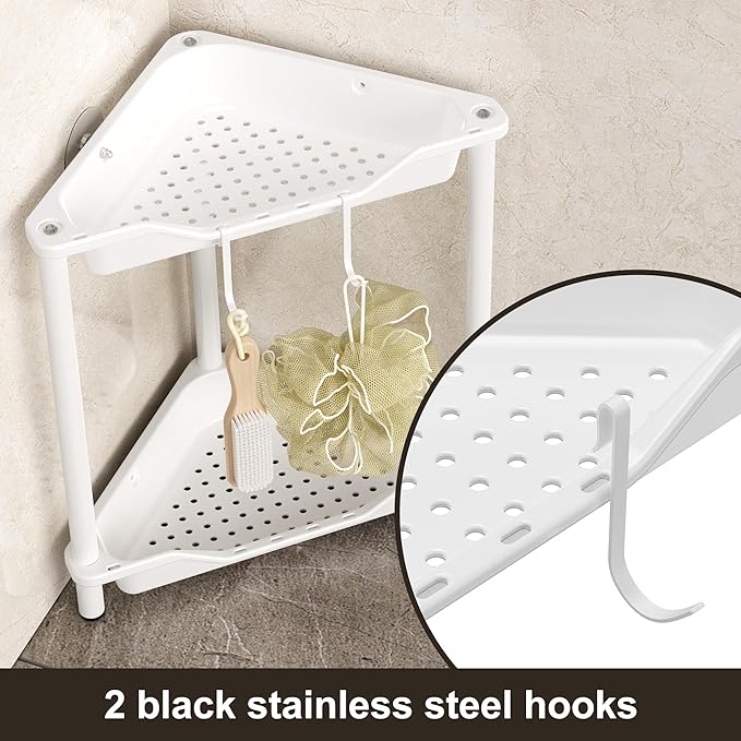 Orimade Rustproof 2 Tier Floor Standing Corner Shower Caddy Organizer, Plastic Metal Splicing Floor Corner Shelf Rack Stands for Bathroom, White