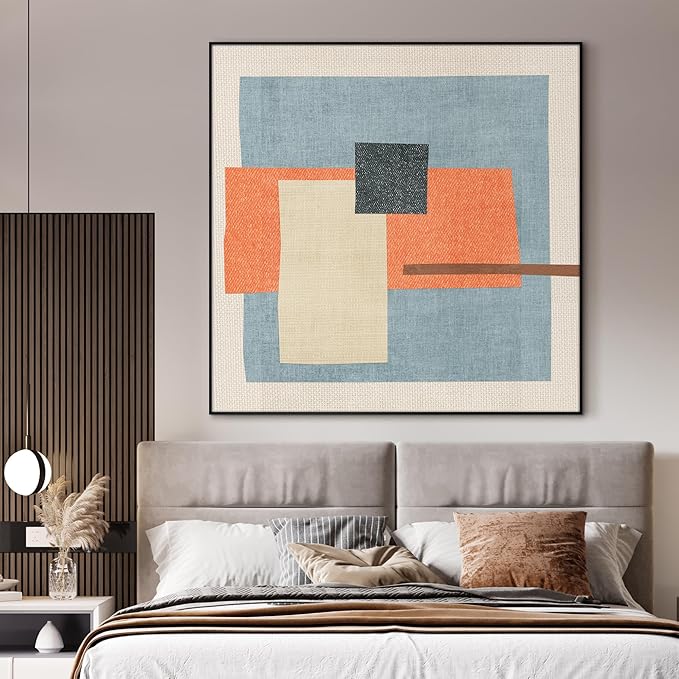 46"x46" XL Framed Wall Art - Color Block in Orange, Blue & Cream (Frame Assembly Required)
