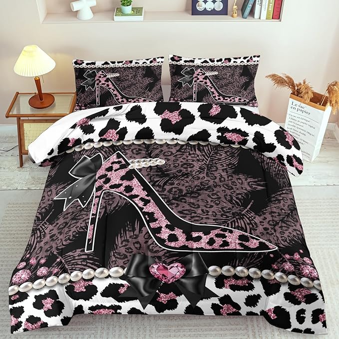Sexy High Heels Leopard Print Comforter Set Twin Girls Red Cheetah Print Bedding Set Women High Heels Leopard Comforter Animal Quilt Bedroom Decor Cheetah Bedding Bed Decor