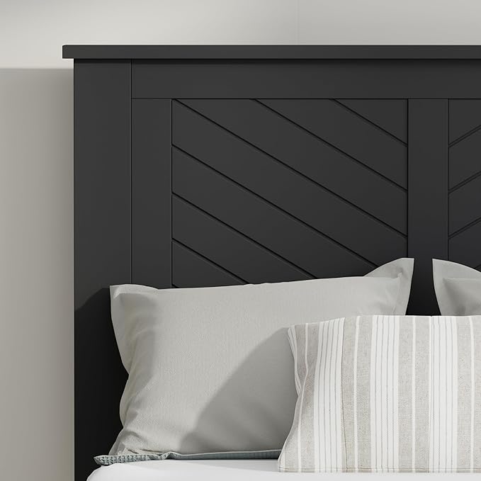 Serene Farmhouse Style Wood Bed in Twin Size with Chevron Scoring Headboard, Coastal Modern Design, Sturdy, Easy Assembly, Ample Underbed Storage, Black Finish