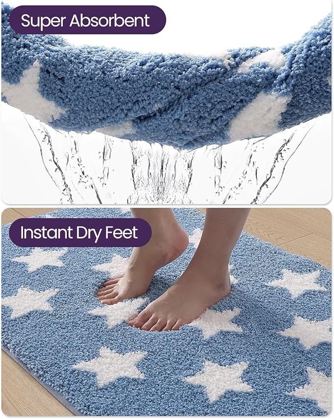 DEXI Star Bathroom Rug, 20x32 Non Slip Washable Bath Mat Absorbent, Ultra Soft Plush Microfiber Bathmat Quick Dry for Shower Floor, Tub, Sink, Light Blue