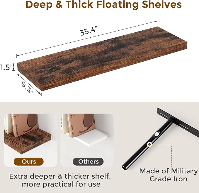 Floating Shelves for Wall, 36 x 9.3 Large Floating Shelf Wall Mounted Set of 2, Rustic Wood Shelves for Bathroom, Kitchen, Living, Heavy-Duty Storage Deep Shelf for Books, Decor, Rustic Brown