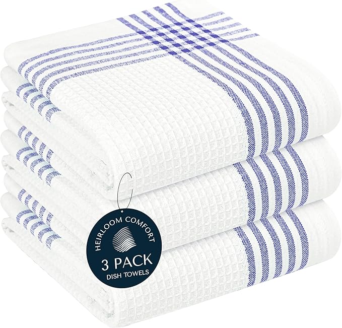Indigo Blue and White Waffle Kitchen Towels 3 Pack, 16x26 Inch, 100% Cotton, Absorbent & Quick Dry Dish Towels, Soft & Durable Cloths for Cooking, Drying, Cleaning, Machine Washable