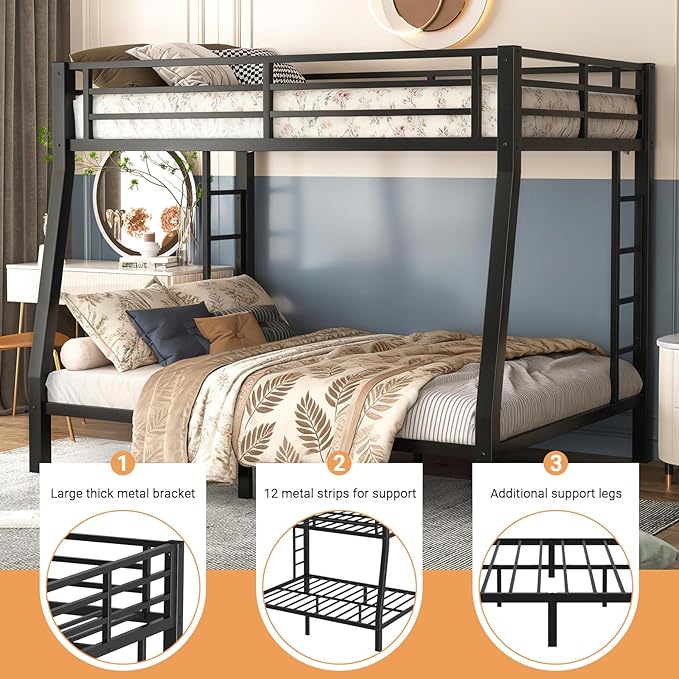Full XL Over Queen Bunk Bed, Metal Bunk Bed Frame Heavy Duty Bunk Beds Loft Bed Frame with Ladder and Guardrail Metal Slats No Box Spring Required for Adults Teens, Black