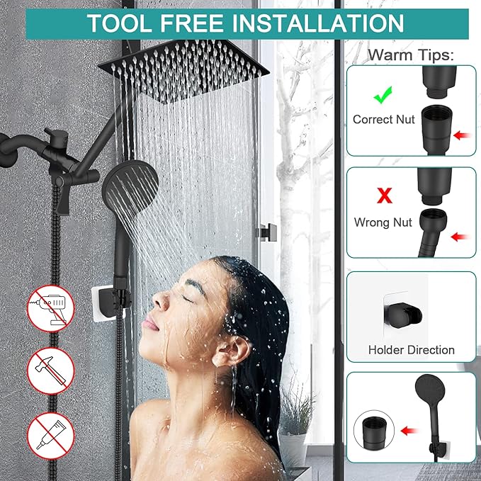 Shower Head, 8‘’ High Pressure Rainfall Shower Head/Handheld Shower Combo with 11'' Extension Arm, 9 Settings Anti-leak Shower Head with Holder, Height/Angle Adjustable, Matte Black