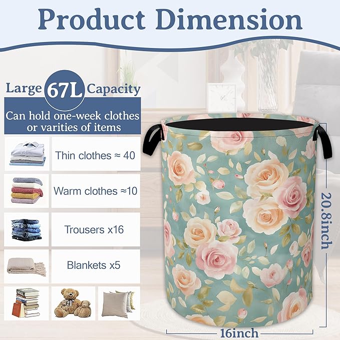 Vintage Pink Rose Laundry Basket,Foldable Waterproof Oxford Cloth Tote Bag Laundry Hamper with Handles,20.8"x16" Clothes Storage Bucket Organizer for Laundry Room, Bathroom, Bedroom