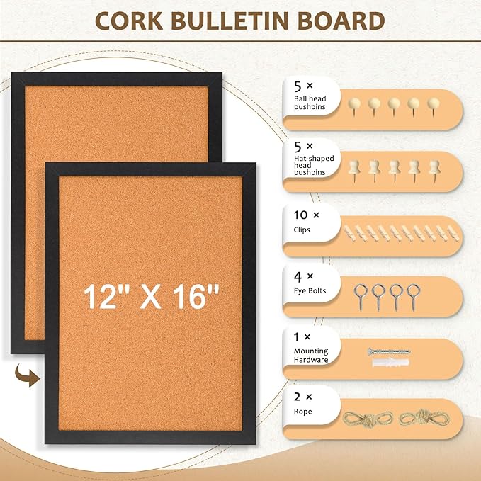 Double-Sided Cork Board for Wall, 16" x 12" Hanging Wood Framed Small Bulletin Board, Picture Display Vision Board Corkboards for Wall Room School Office Decor, 20 Pushpins (Black)