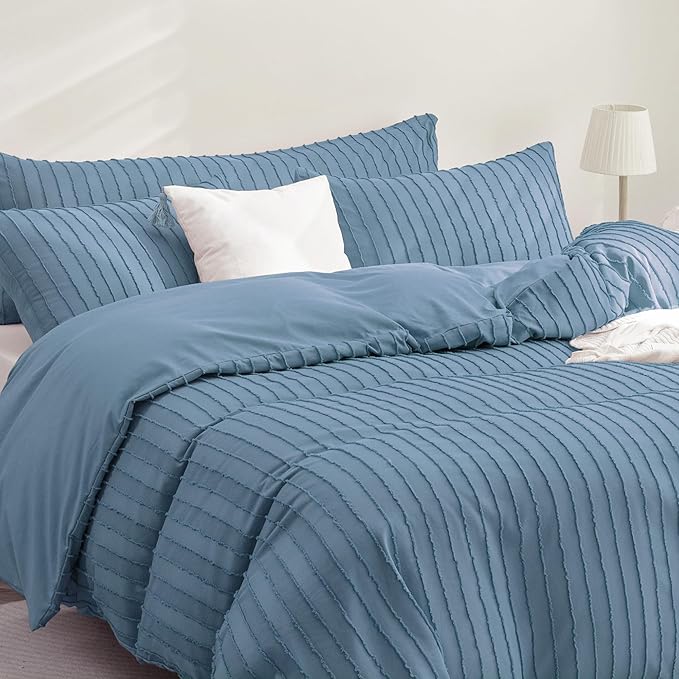 JELLYMONI Duvet Cover King Size Blue - 3PCS Boho Striped Duvet Cover Set Polyester Tufted Bohemian Textured Comforter Cover with Corner Ties & Zipper Closure