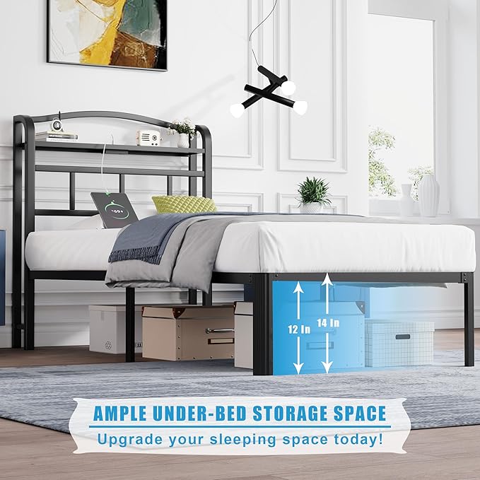 14 Inch Metal Bed Frame - Twin Size Black Heavy Duty Bedframe Platform Basic Mattress Foundation with Headboard & Charging Station No Box Spring Needed/Easy Assembly/Noise-Free