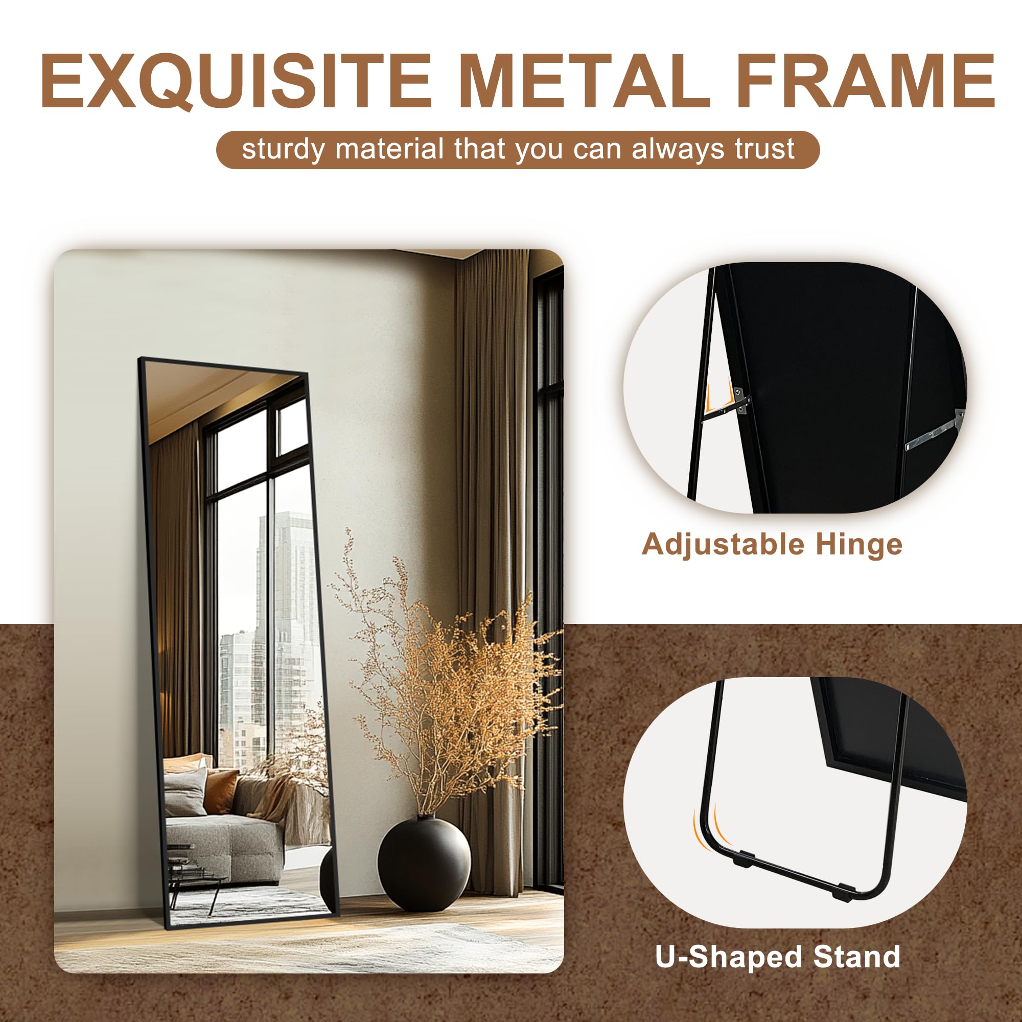 Delma Wall Full Length Mirror,Standing Mirror Full Body,Large Floor for Wall Door Bedroom Bathroom Living Room with Aluminium Frame(with Stand,56x15-Black) Dormly