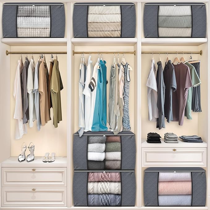 Fab totes 24 Gallons Clothes Storage, Foldable Thick Fabric Blanket Storage Bags, Containers for Organizing Bedroom, Closet, Clothing, Comforter, Organization with Handle (8 Pack,Grey)