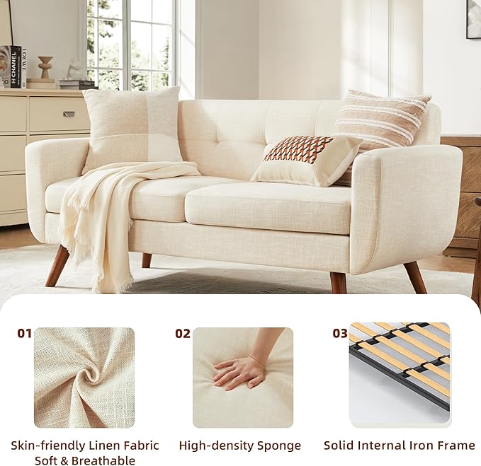 Tbfit 65" W Loveseat Sofa, Mid Century Modern Decor Love Seat Couches for Living Room, Button Tufted Upholstered Small Couch for Bedroom, Solid and Easy to Install Love Seats Furniture, Beige