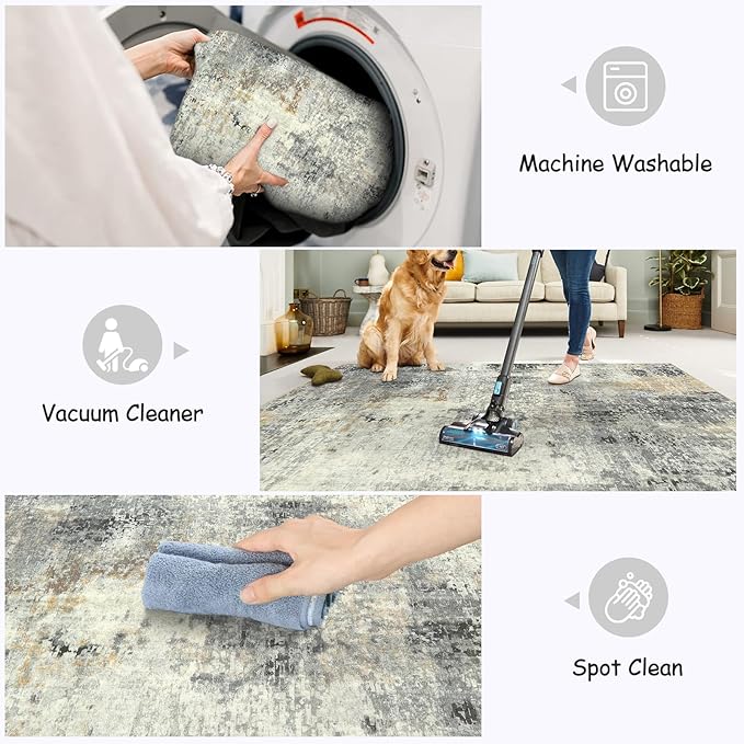 Lahome Modern Abstract 9x12 Area Rugs for Living Room, Washable Living Room Rug for Bedroom Low Pile Non Slip, Grey Soft Indoor Accent Carpet for Dining Room Table Apartment