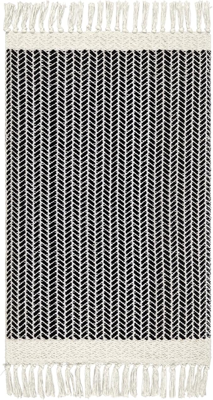 Lahome Boho Bathroom Rugs, Small 2x3 Front Door Mat Lightweight Kitchen Rug Woven Cotton Area Rug with Tassels, Farmhouse Washable Black and White Throw Rug Low Pile Carpet for Entry Laundry