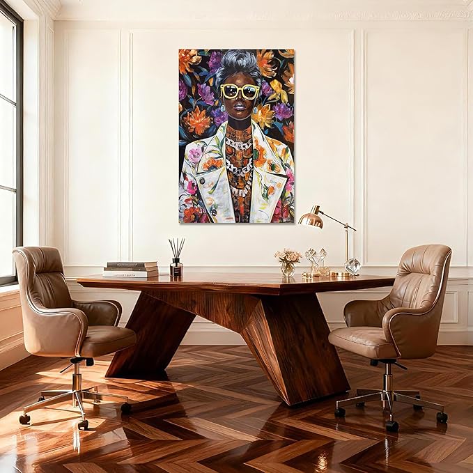 YETHEN WAL 24x36 inch Black Woman Portrait Wall Art – African American Afrocentric Floral Canvas Print, Modern Glam Black Woman Wall Decor for Living Room, Bedroom, Office, Vertical Fashion Artwork