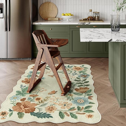 Lahome Floral Machine Washable Rug, 3x5 Rug Non Slip Soft Bedroom Rugs for Entryway Dorm, Ultra-Thin Boho Rugs for Living Room Stain Resistan Throw Carpet for Nursery Entrance, Beige