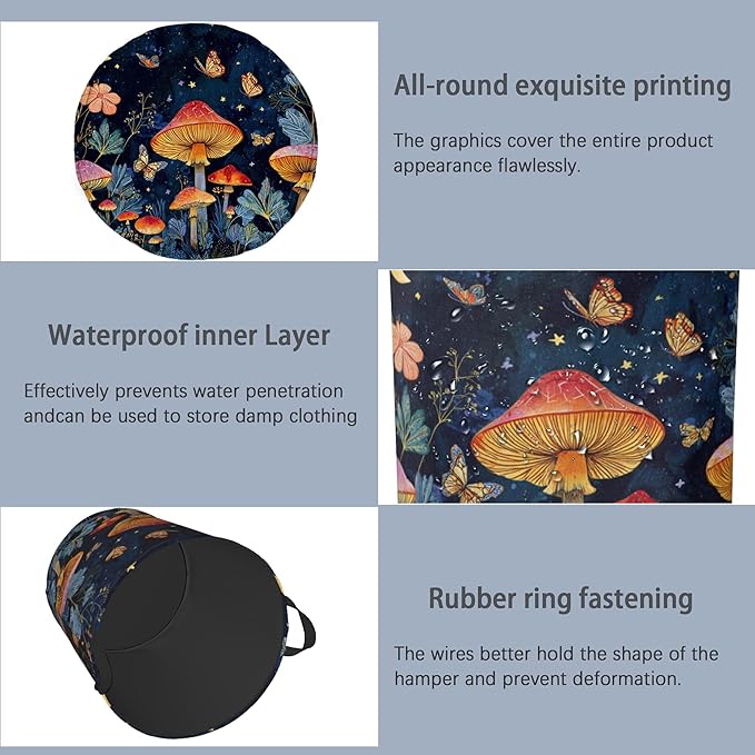 Mushroom Laundry Basket,Butterfly Moon Foldable Oxford Cloth Tote Bag Laundry Hamper Clothes Storage Bucket Organizer for Bedroom Laundry Storage Dormitories 16" x 20.8"