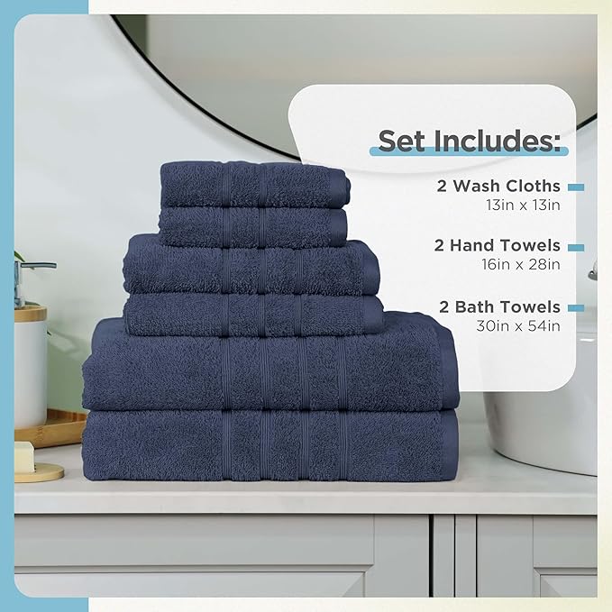 Martex 6-Piece Towel Set – Ultimate Performance – 100% Cotton – 2 Bath Towels – 2 Hand Towels – 2 Wash Cloths – Versatile – Low-Linting – Supersoft & Absorbent Bathroom Set – Easy Care – Estate Blue