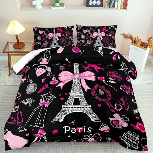 Eiffel Tower Comforter Set Queen Size,Eiffel Tower Bedding Set for Girls, Pink and Black Paris Themed Comforter Bedroom Decor,Paris Quilt French Style Romantic Bedding