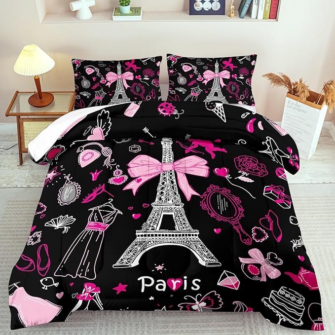 Eiffel Tower Comforter Set King Size,Eiffel Tower Bedding Set for Girls, Pink and Black Paris Themed Comforter Bedroom Decor,Paris Quilt French Style Romantic Bedding