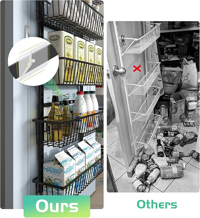 Over The Door Pantry Organizer, Pantry Organization and Storage, 6-Tier Deep Baskets Hanging Heavy-Duty Metal, Wall Spice Rack Seasoning Shelves for Home & Kitchen, Laundry Room Bathroom, Black