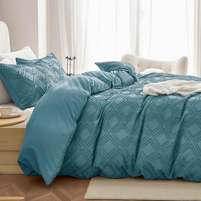 JELLYMONI Duvet Cover Twin Size Grayish Blue - 3PCS Boho Duvet Cover Set Plaid Polyester Tufted Bohemian Jacquard Knit Textured Comforter Cover 68×90in Rhombic Geometric Pattern Corner Ties & Zipper
