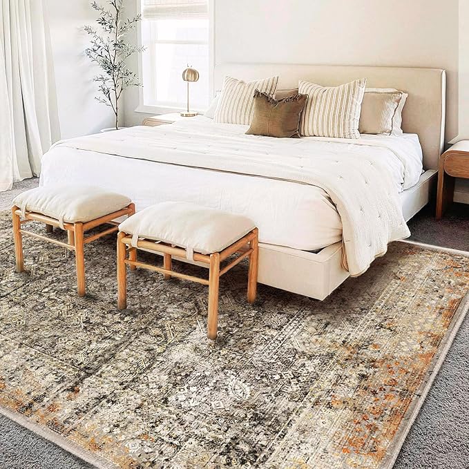 Area Rug 9'x12' Washable Vintage Traditional Mat Distressed Indoor Foldable Thin Retro Accent Floral Print Non Slip Carpet for Living Room Dining Room Office Large Rugs