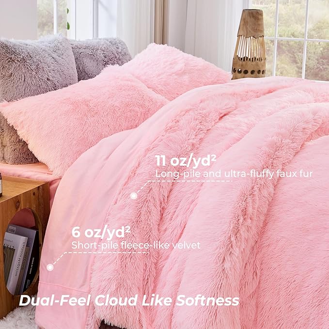 Sasttie 3-Piece Fluffy Duvet Cover Queen, Ultra Soft Faux Fur and Velvet Pink Comforter Cover, Luxury Fuzzy Bedding Sets for Winter Bed, Includes 1 Duvet Cover and 2 Pillowcases, No Comforter