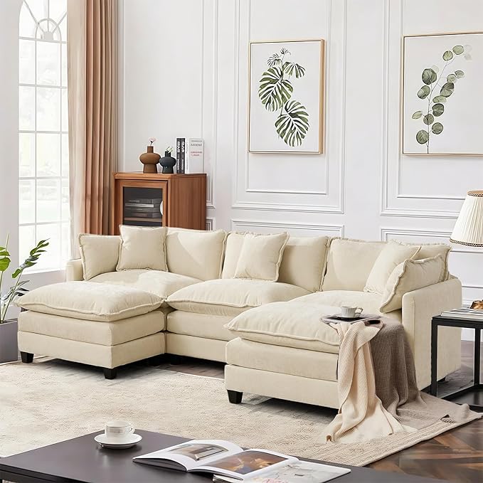 SoarFlash 113.78" Chenille Sectional Sofa, Comfy U Shaped Modular Coush Sofa with Ottoman, Modern 4 Seat Couch Deep Seat Sofa Set for Living Room,Beige