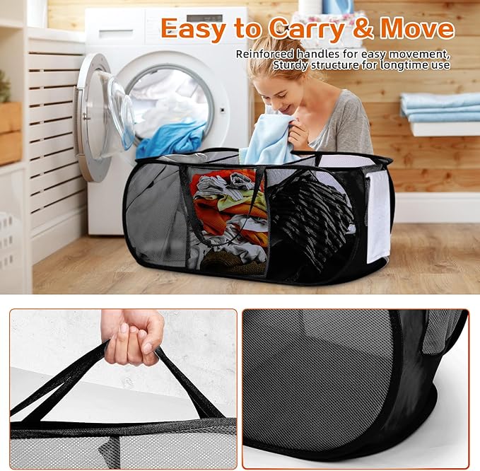 Foldable Laundry Baskets, Collapsible Mesh Laundry Hamper, Durable Pop Up Laundry Basket, 3 Compartments Clothes Hampers for Laundry, Easy to Carry & Sort for Dorm, Home, Kids Room, Travel Black