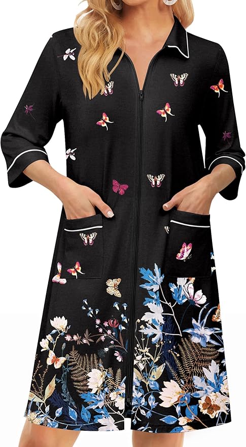 Ekouaer Zipper Robes for Women 3/4 Sleeve Housecoats Knee Length Bathrobe Lightweight Nightgown with Pockets S-3XL