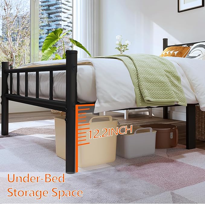 zizin Twin-XL Size Metal Bed Frame with Headboard & Footboard 14 Inch Metal Platform Mattress Foundation Support with Steel Slat, Under Bed Storage, No Box Spring Needed