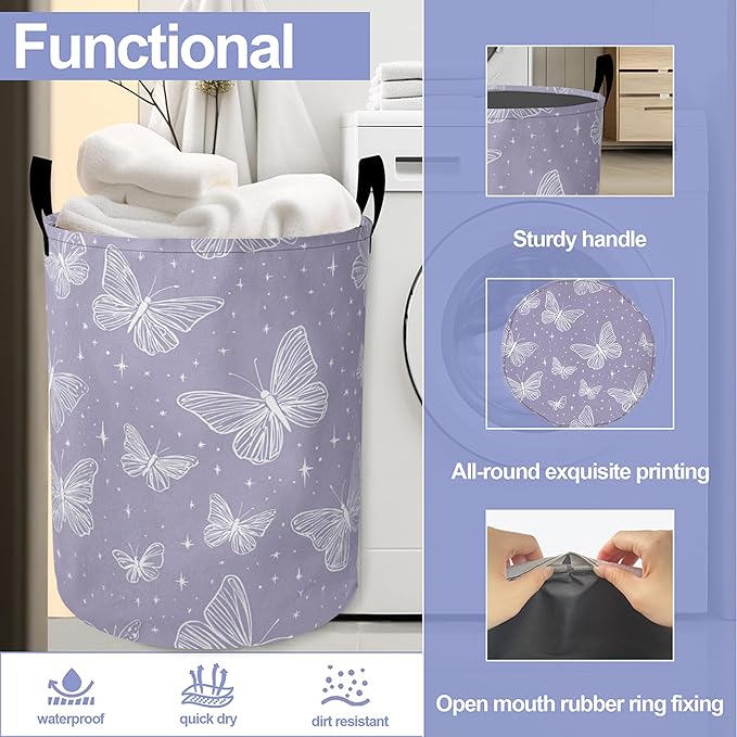 Groovy Butterfly Laundry Basket,Purple Oxford Cloth Laundry Hamper With Handle Foldable Portable Clothes Storage Basket Storage Bag For Laundry Room/Bathroom/Bedroom/Dormitories