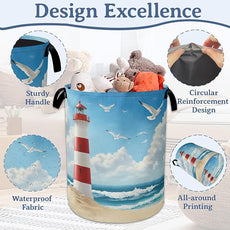 Lighthouse On The Beach Laundry Basket,Foldable Oxford Cloth Laundry Hamper With Handle, 20.8