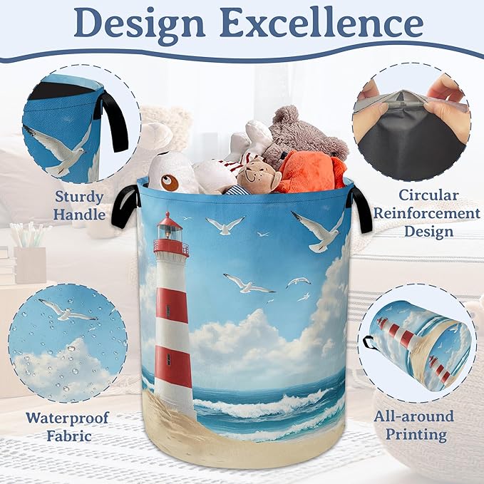 Lighthouse On The Beach Laundry Basket,Foldable Oxford Cloth Laundry Hamper With Handle, 20.8"x16" Portable Clothes Storage Basket Bag for Laundry Room/Bathroom/Bedroom/Dormitories