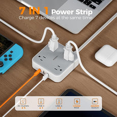 Surge Protector Flat Extension Cord 15Ft, TESSAN Flat Plug Power Strip with 4 Outlets 3 USB Ports (1 USB C), 900 Joules Protection, Multiple Wall Outlet Extender Suitable for Home Office Dorm, Grey