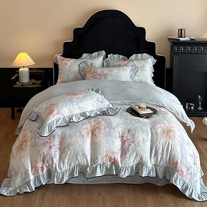 HighBuy Girl Floral Linen Duvet Cover Queen,Boho Floral Blue Coquette Bedding with Ruffle Lace,Yarn-Dyed Textured Duvet Cover Set French Farmhouse Bedding Cooling Breathable for Hot Sleepers